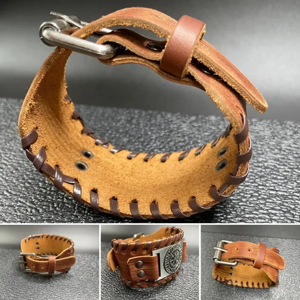 Men’s Leather Buckle Bracelet l Black or Red-Brown l New